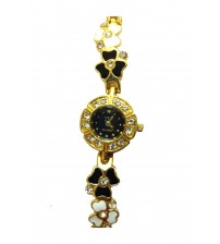 Round Flower Shape Designer Dial Ladies Wrist Watch, Analog Quartz Watch, American Diamond Crafted Chain, Gold and Black Color 
